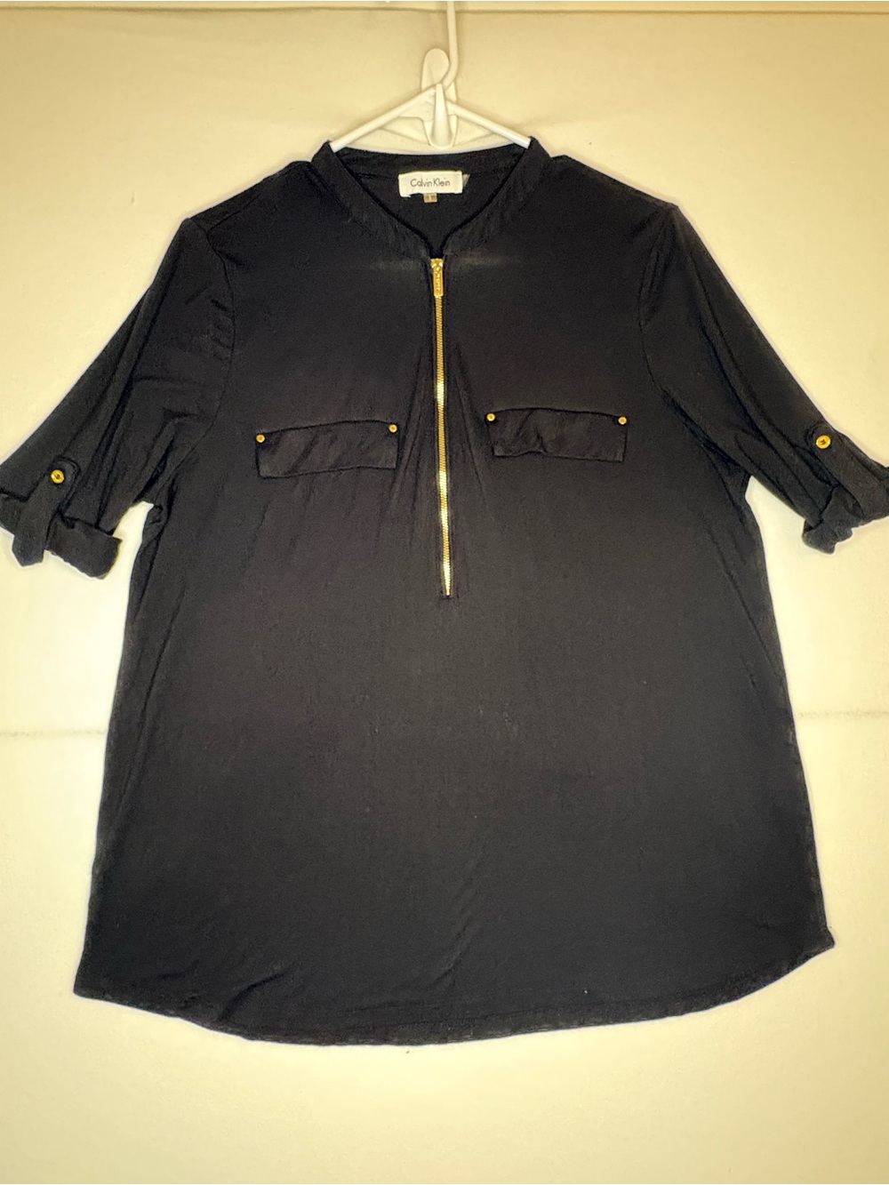 Calvin Klein Black Half-Zip Utility Tunic with Gold Hardware